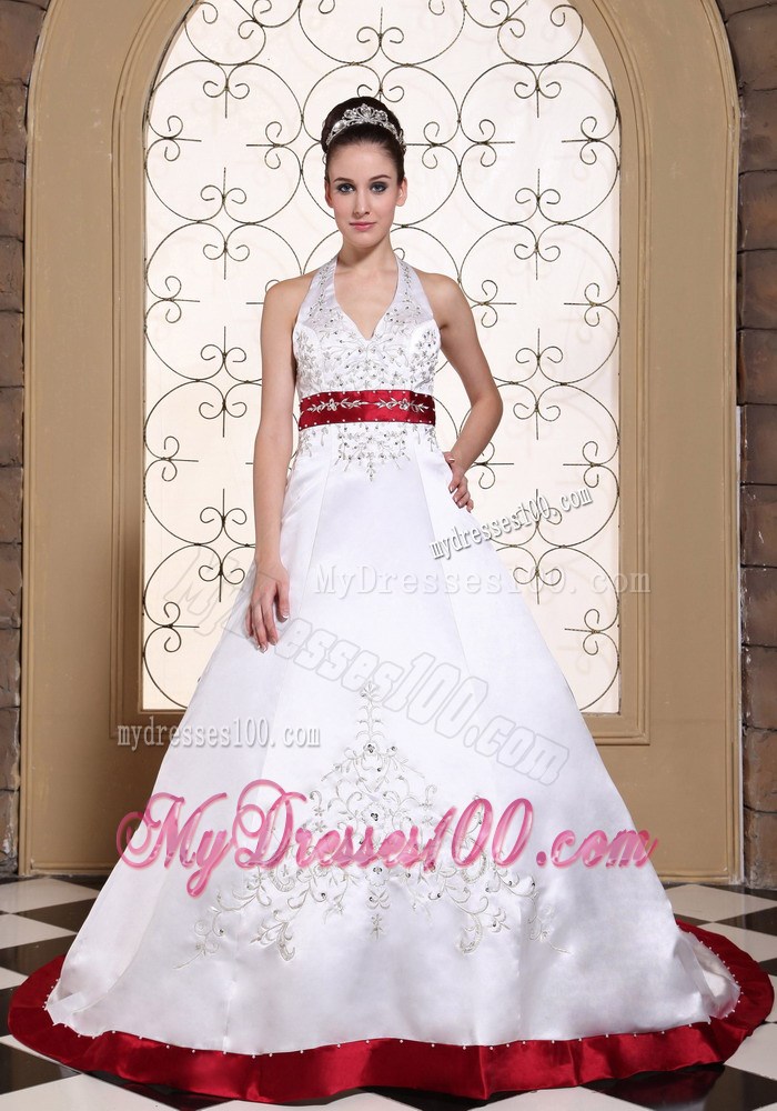 Beaded Embroidery Halter Wedding Dress with Red Sash and Hemline