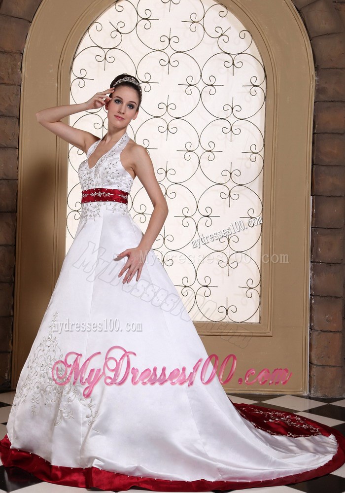 Beaded Embroidery Halter Wedding Dress with Red Sash and Hemline