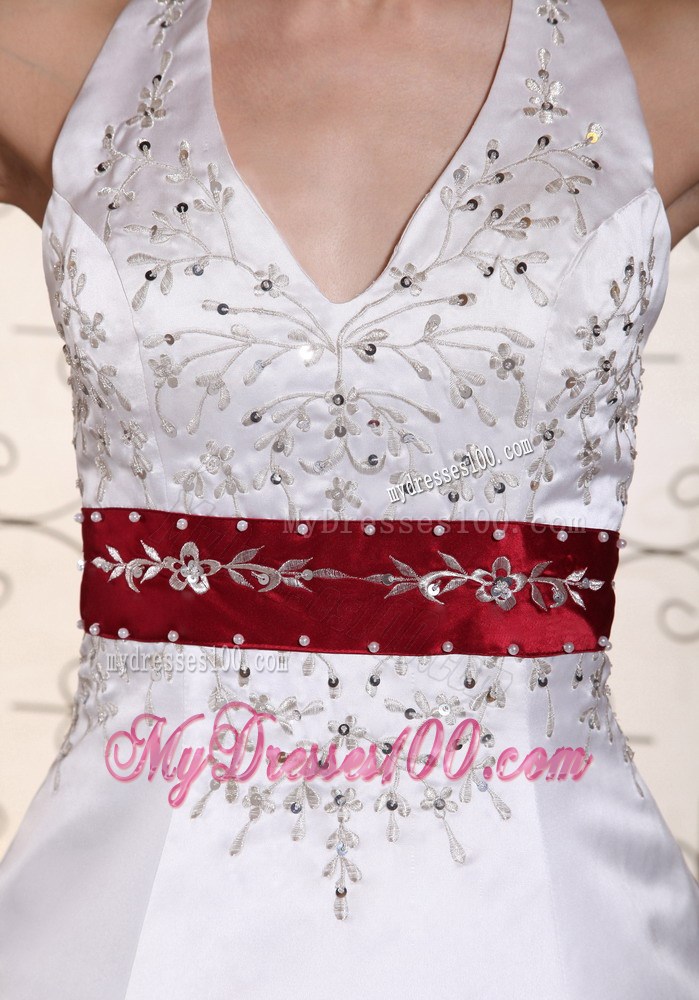 Beaded Embroidery Halter Wedding Dress with Red Sash and Hemline