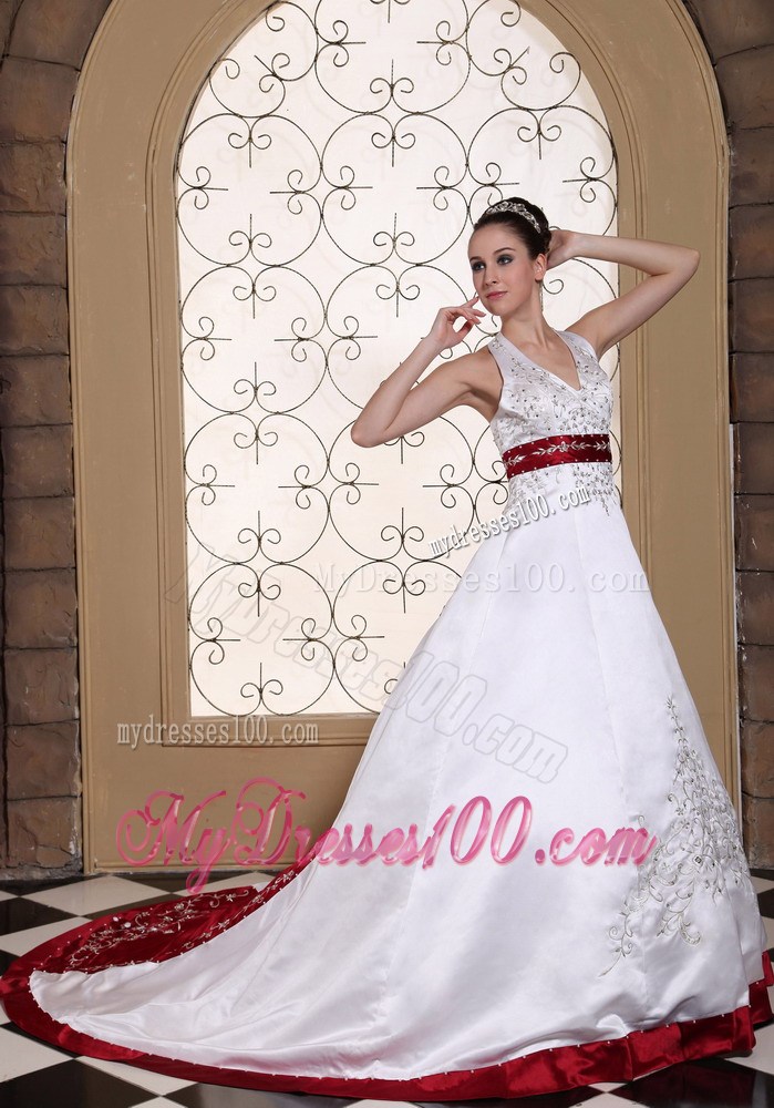 Beaded Embroidery Halter Wedding Dress with Red Sash and Hemline