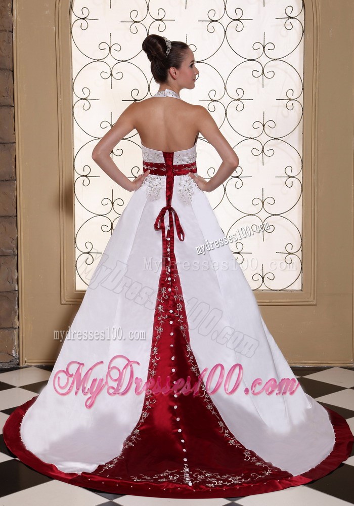 Beaded Embroidery Halter Wedding Dress with Red Sash and Hemline