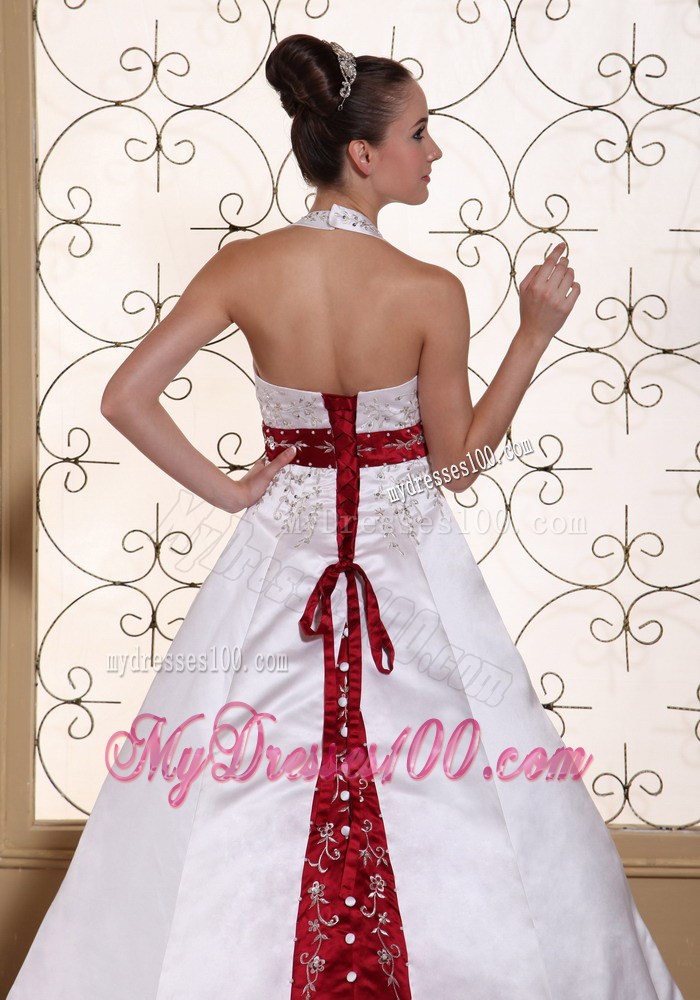 Beaded Embroidery Halter Wedding Dress with Red Sash and Hemline