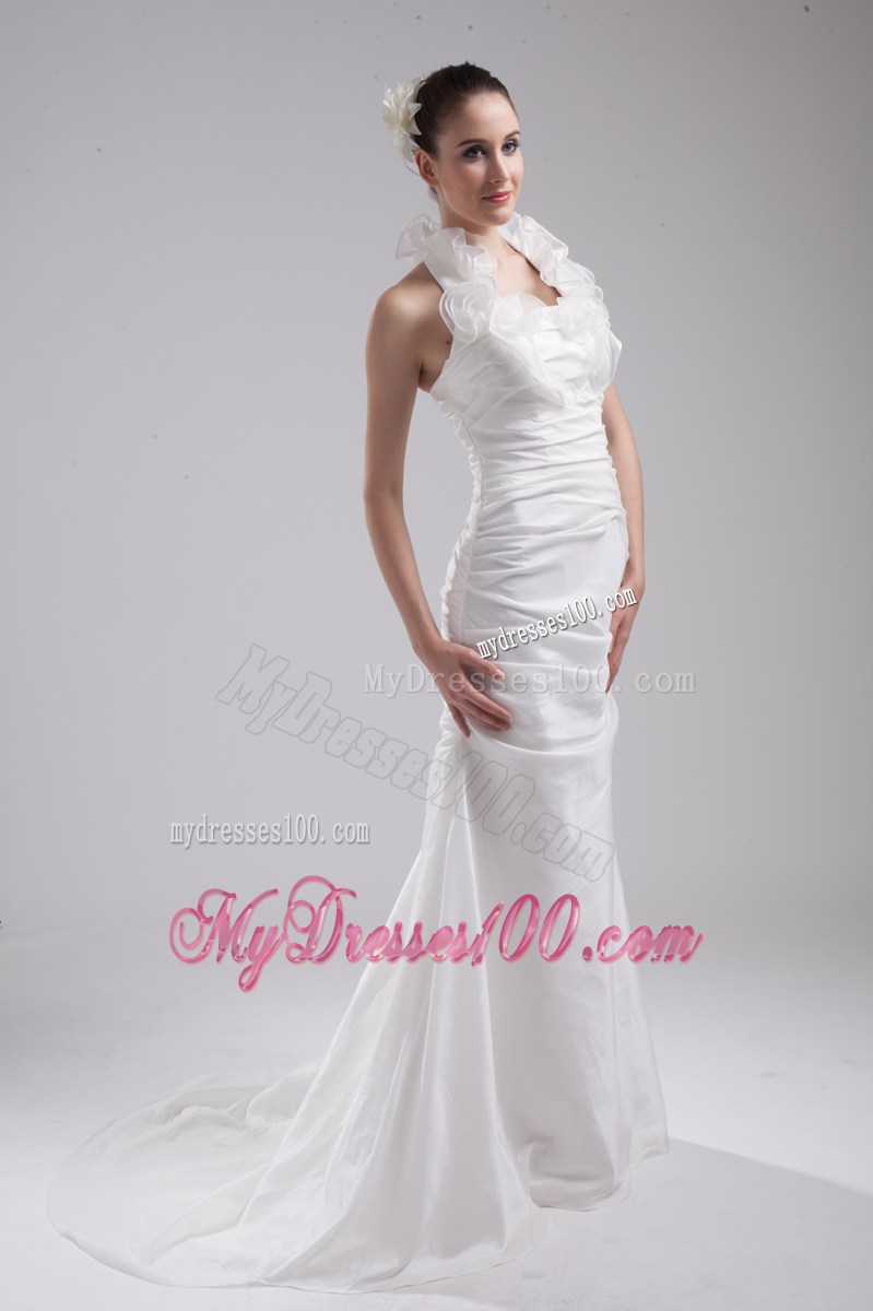 Flounced Halter Column Ruched Taffeta Wedding Dress with Brush Train