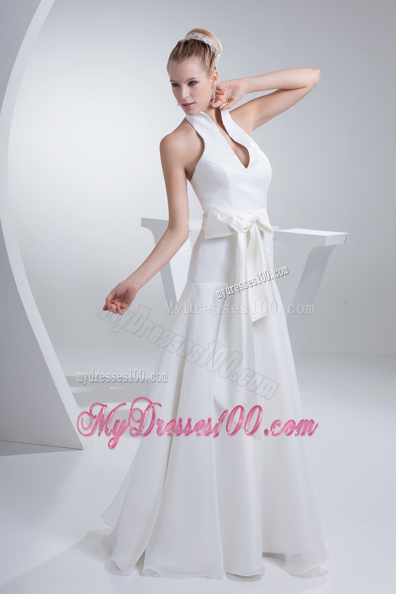 Unique High-neck Floor Length White Wedding Dress with Bowknot