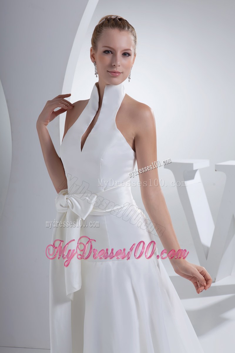 Unique High-neck Floor Length White Wedding Dress with Bowknot
