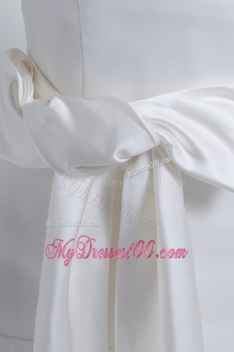 Unique High-neck Floor Length White Wedding Dress with Bowknot