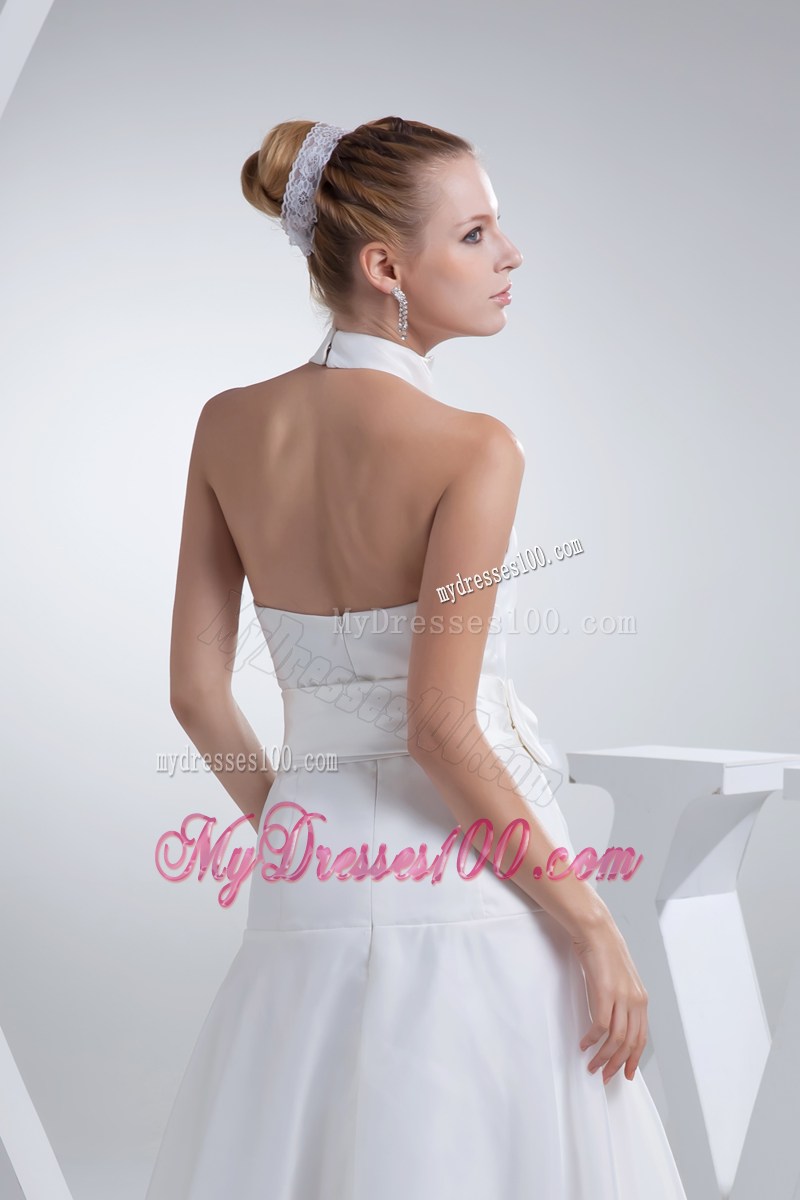 Unique High-neck Floor Length White Wedding Dress with Bowknot