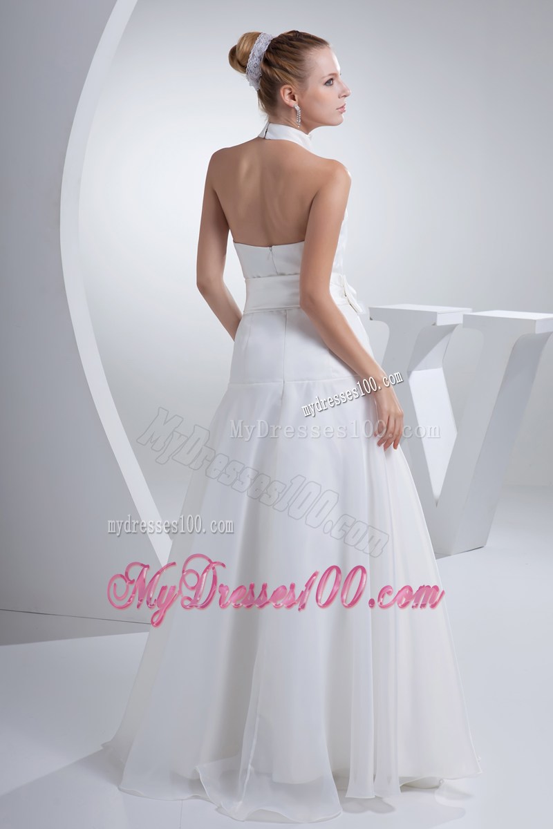 Unique High-neck Floor Length White Wedding Dress with Bowknot