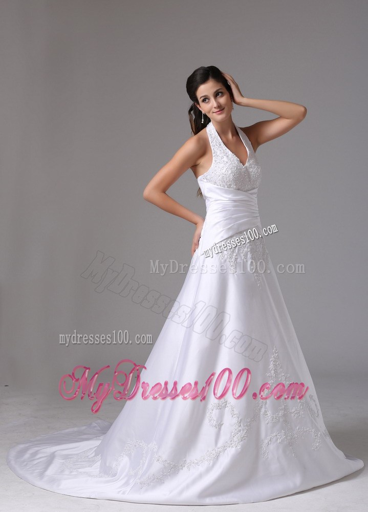 Zipper-up Back Appliqued Halter Top Ruched Sweep Train Wedding Gowns