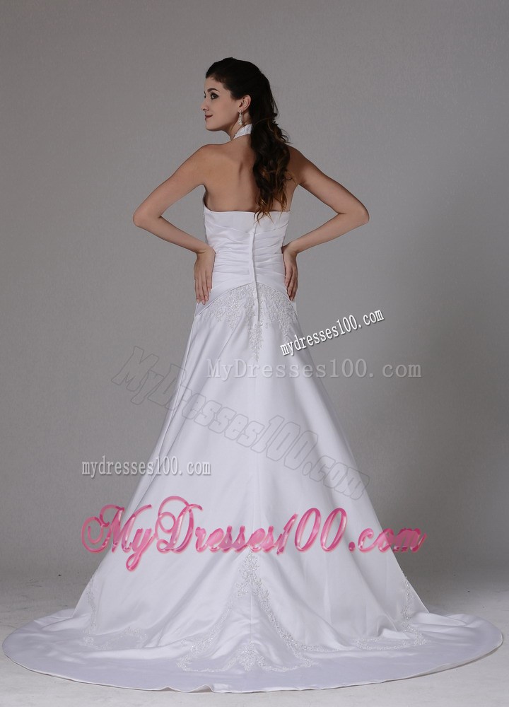 Zipper-up Back Appliqued Halter Top Ruched Sweep Train Wedding Gowns