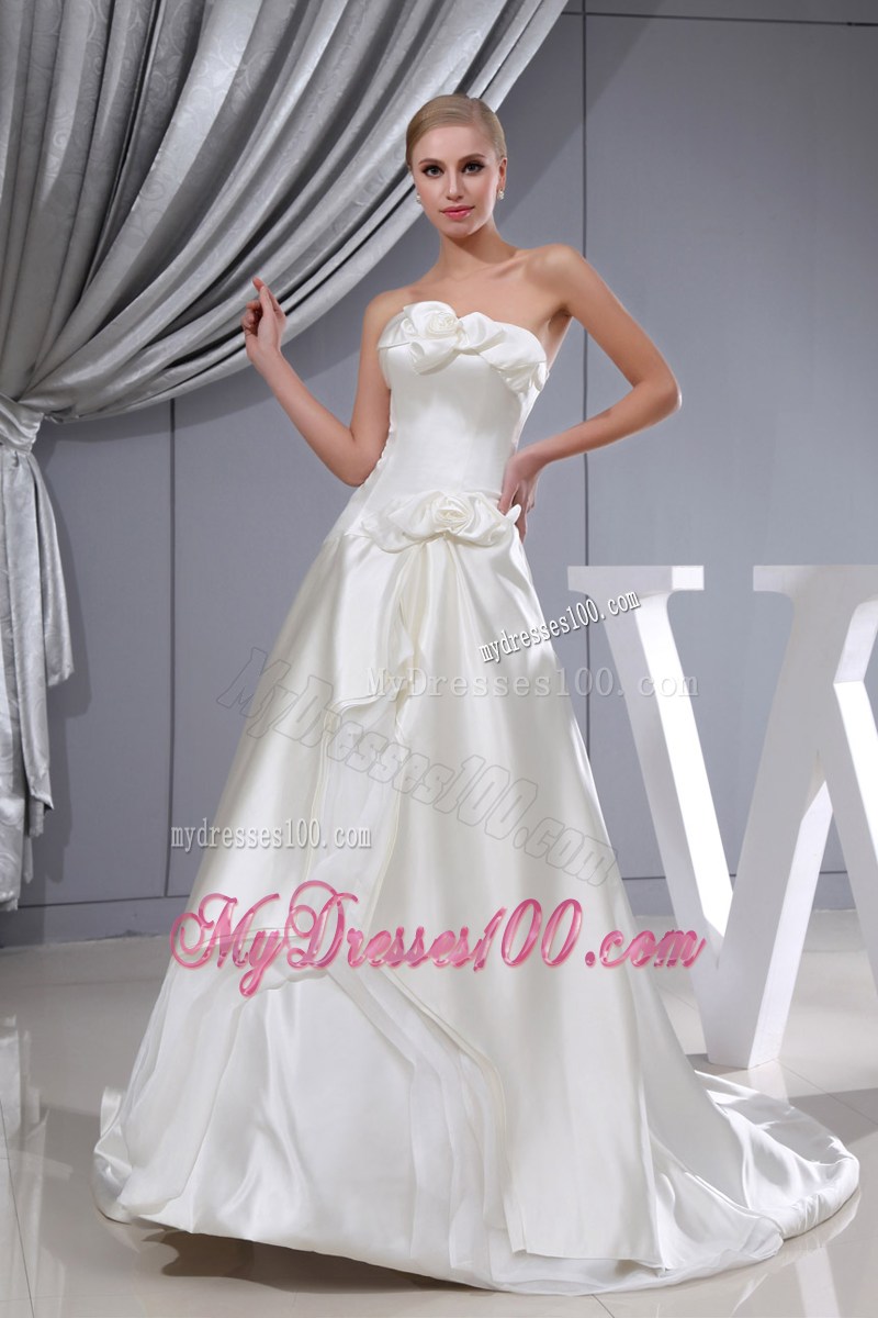 Handmade Flower White Wedding Dress Strapless Chapel Train