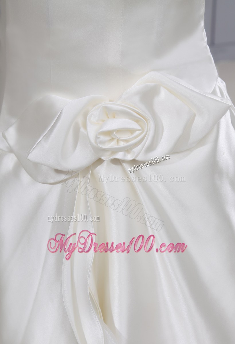 Handmade Flower White Wedding Dress Strapless Chapel Train