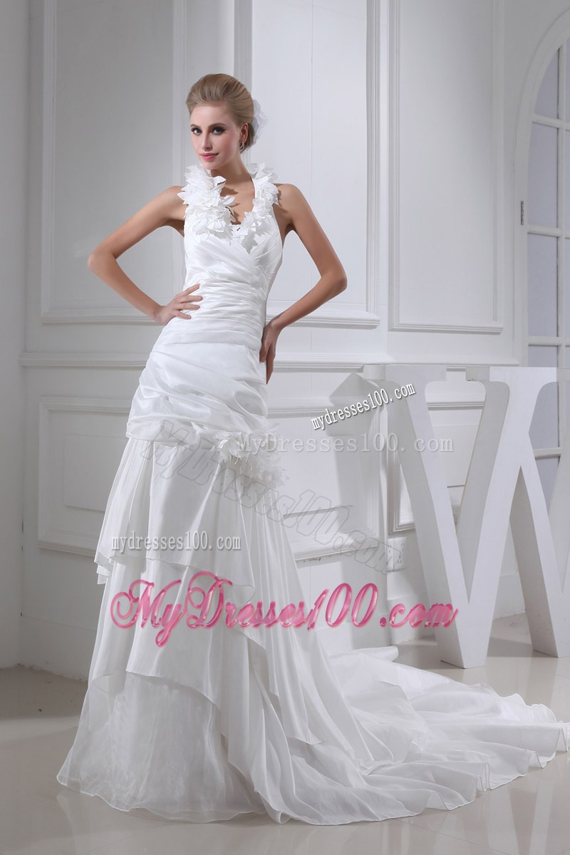 Halter Top Handmade Flowers White Wedding Dress with Ruffles