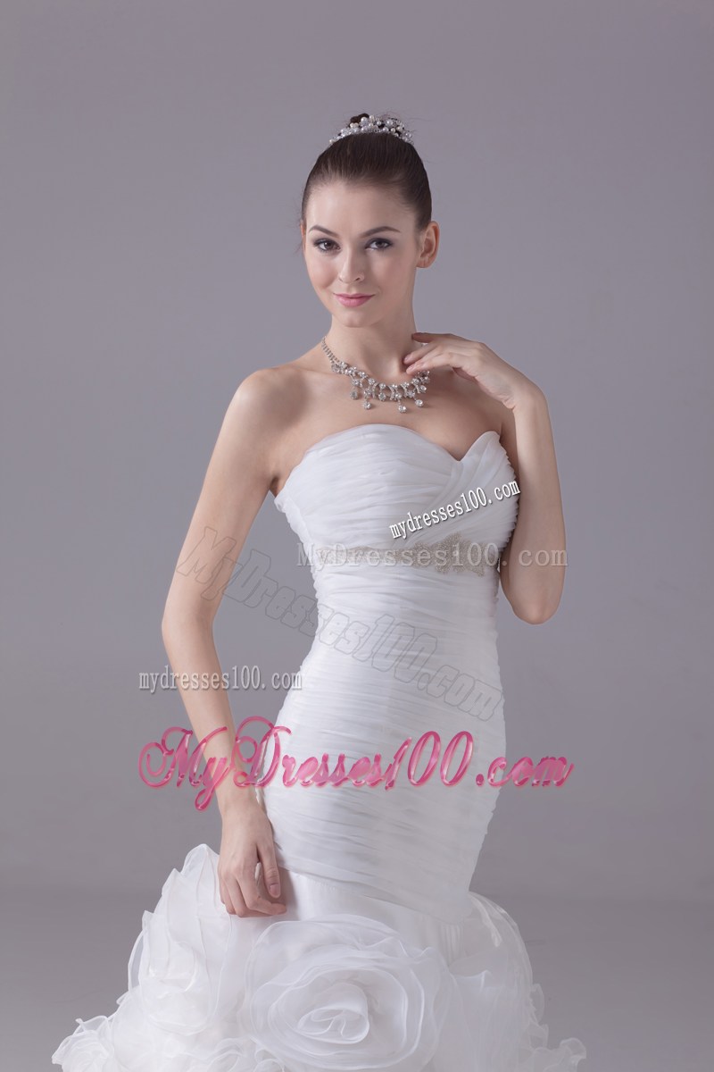 Ruched and Beaded Mermaid Court Train Wedding Gown with Flowers