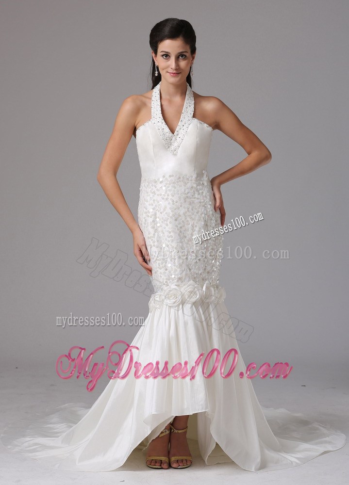 Asymmetrical Diamonds and Handle Flowers Halter Back Out Wedding Gowns