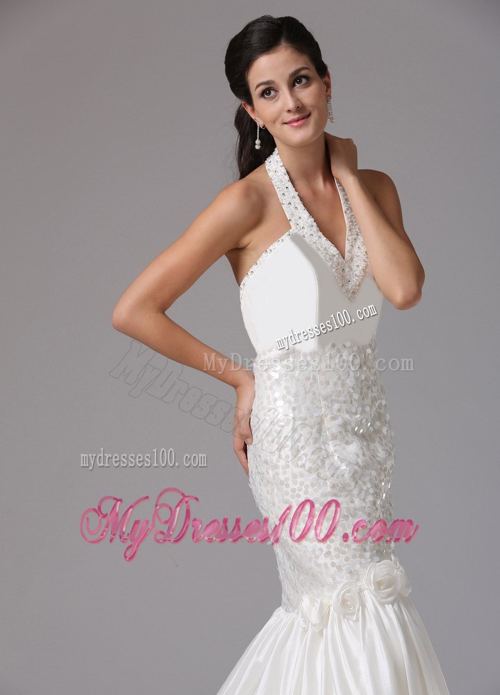 Asymmetrical Diamonds and Handle Flowers Halter Back Out Wedding Gowns