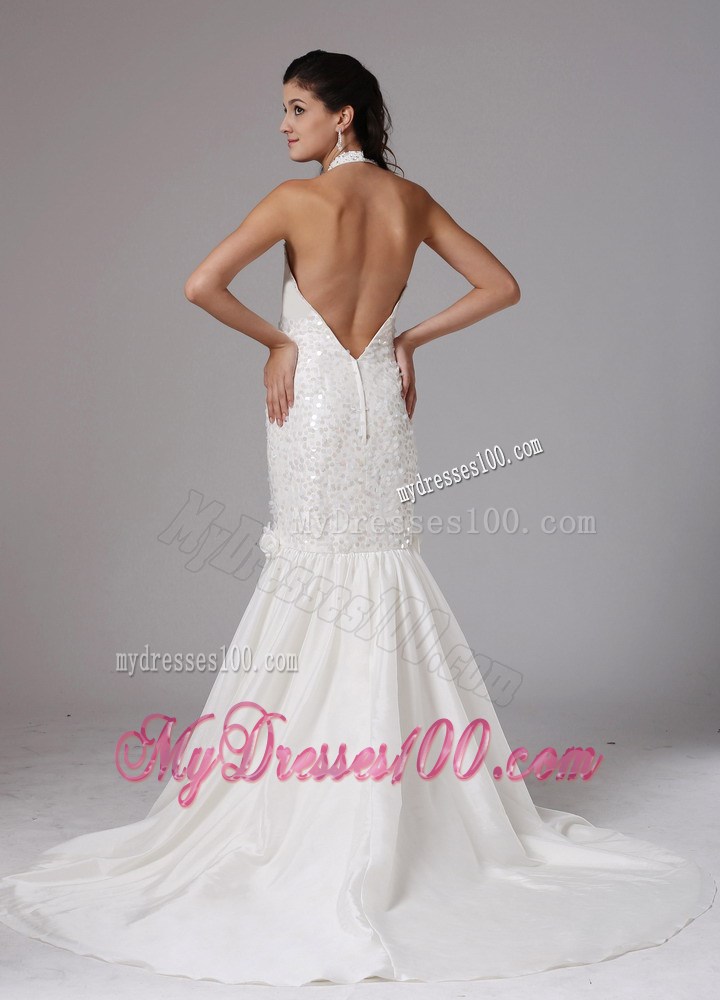 Asymmetrical Diamonds and Handle Flowers Halter Back Out Wedding Gowns