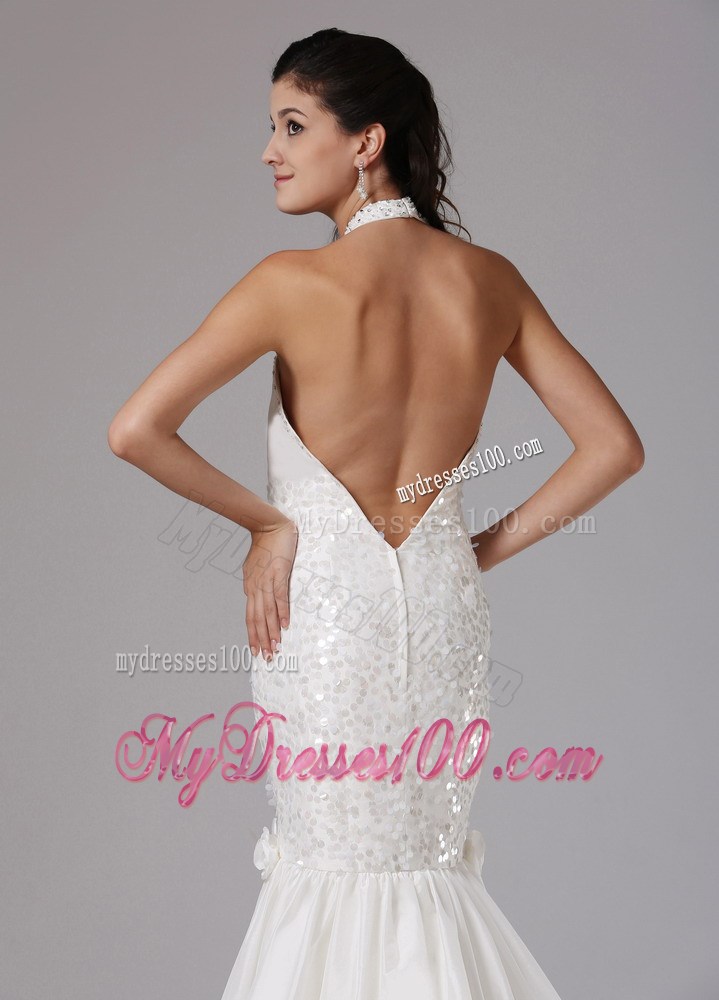 Asymmetrical Diamonds and Handle Flowers Halter Back Out Wedding Gowns