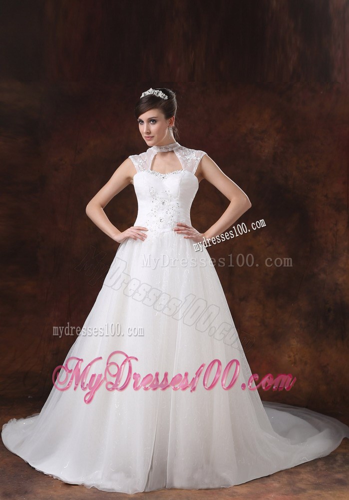Hollow Out High Neck Beading Court Train Back Out Bridal Dresses For Lady