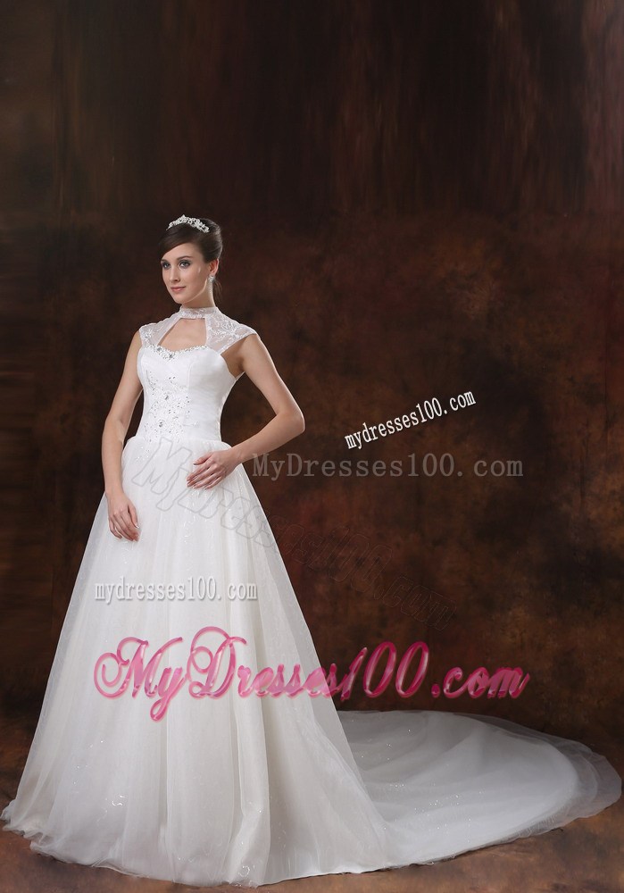 Hollow Out High Neck Beading Court Train Back Out Bridal Dresses For Lady