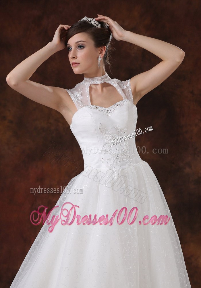 Hollow Out High Neck Beading Court Train Back Out Bridal Dresses For Lady