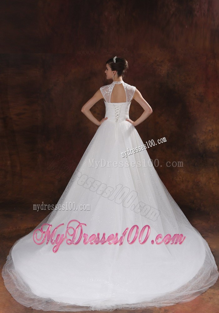 Hollow Out High Neck Beading Court Train Back Out Bridal Dresses For Lady
