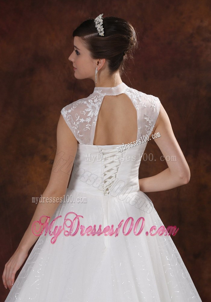 Hollow Out High Neck Beading Court Train Back Out Bridal Dresses For Lady