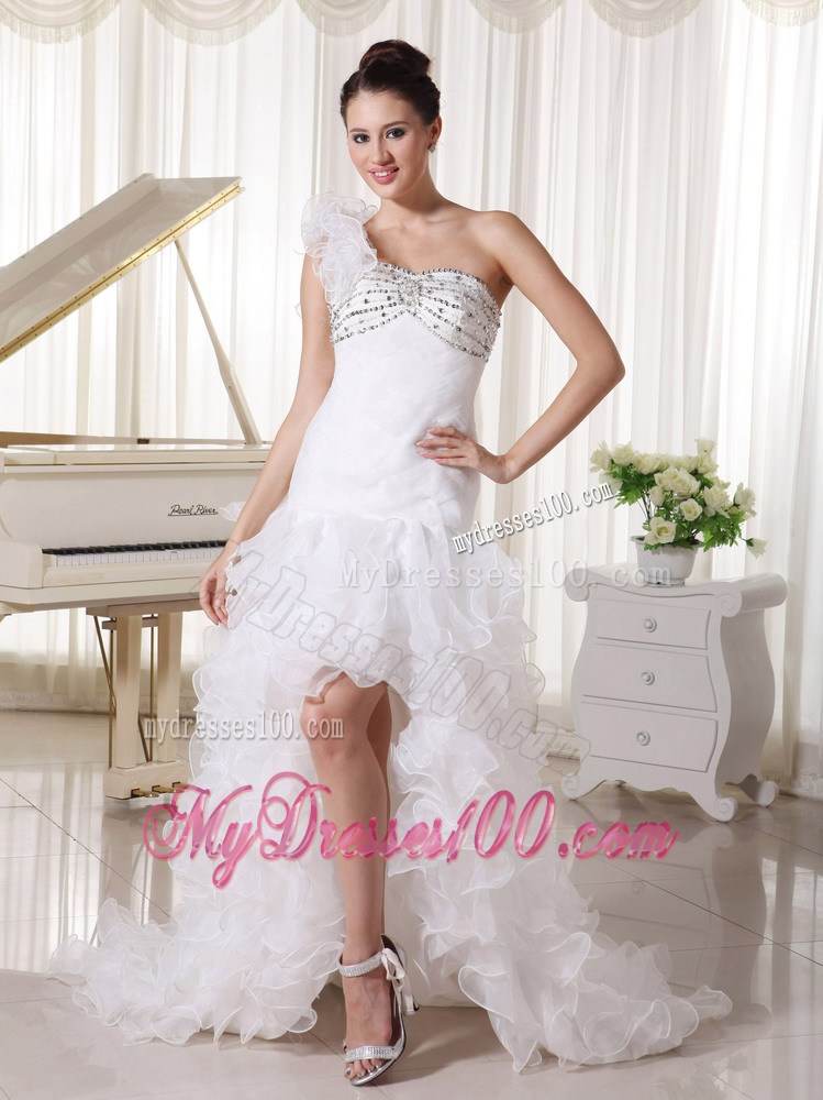 Ruffles One Shoulder High Low Beading Dresses for Wedding with Brush Train