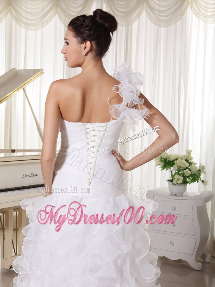 Ruffles One Shoulder High Low Beading Dresses for Wedding with Brush Train