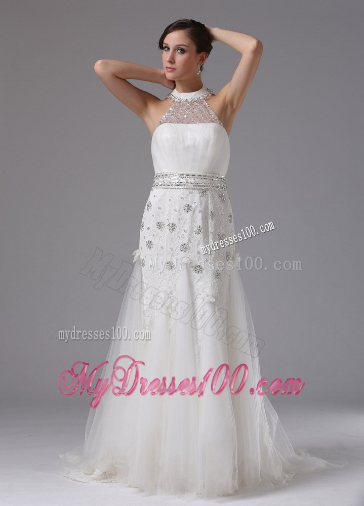 Halter Top High Neck Sequined Wedding Bridal Gowns with Beaded Sashes
