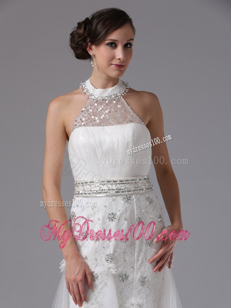 Halter Top High Neck Sequined Wedding Bridal Gowns with Beaded Sashes