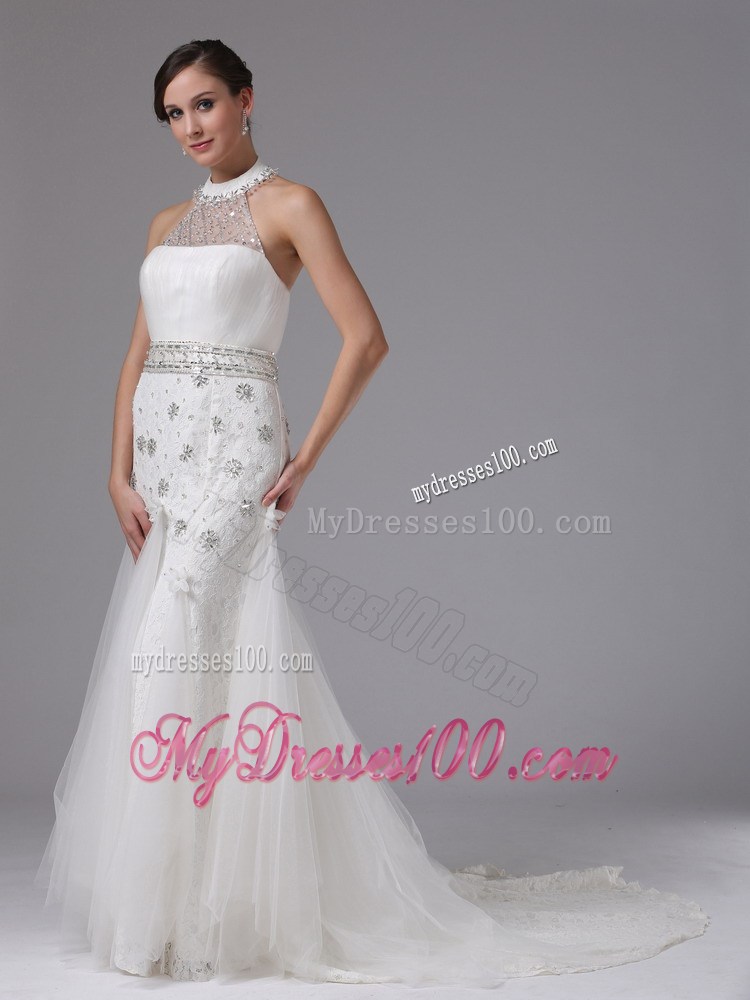 Halter Top High Neck Sequined Wedding Bridal Gowns with Beaded Sashes