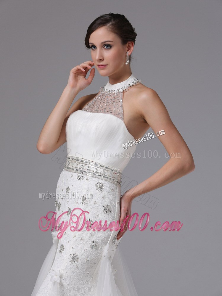 Halter Top High Neck Sequined Wedding Bridal Gowns with Beaded Sashes