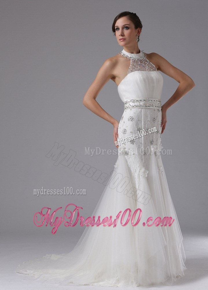 Halter Top High Neck Sequined Wedding Bridal Gowns with Beaded Sashes