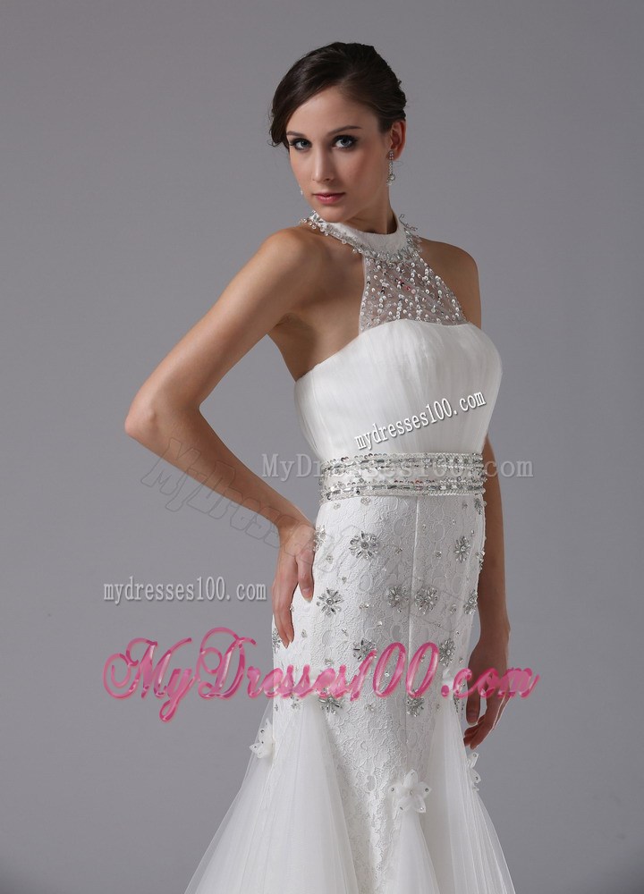 Halter Top High Neck Sequined Wedding Bridal Gowns with Beaded Sashes