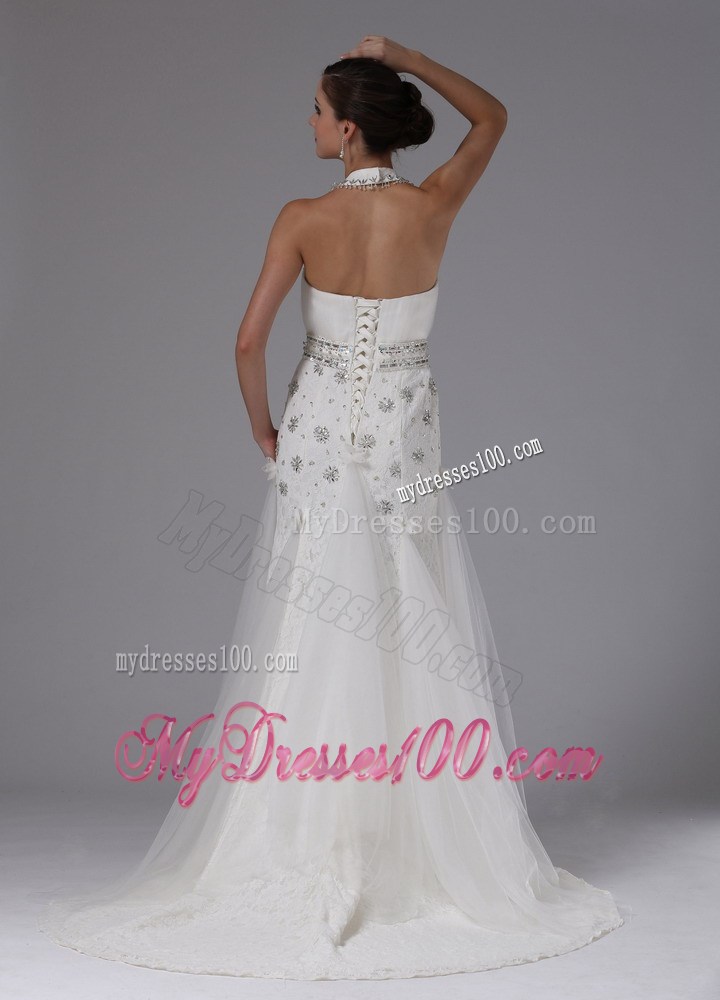Halter Top High Neck Sequined Wedding Bridal Gowns with Beaded Sashes