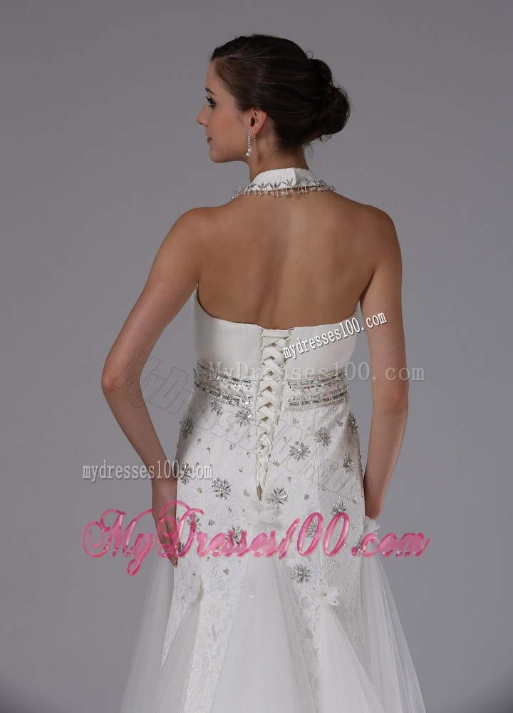 Halter Top High Neck Sequined Wedding Bridal Gowns with Beaded Sashes