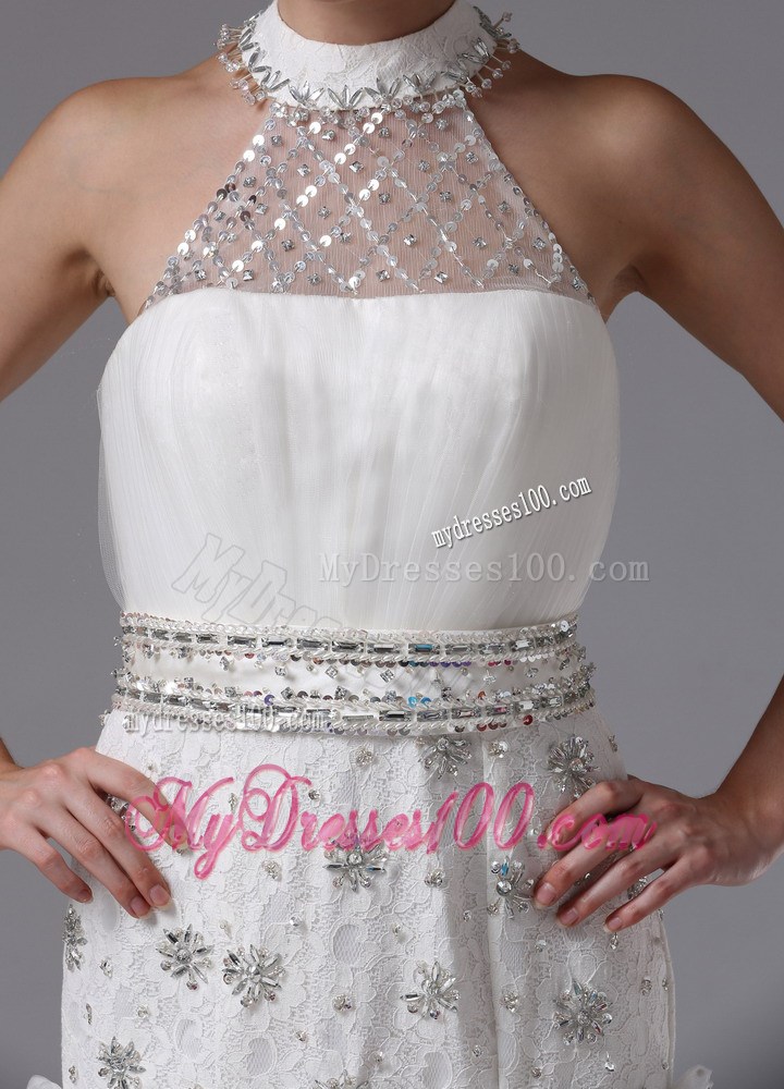 Halter Top High Neck Sequined Wedding Bridal Gowns with Beaded Sashes