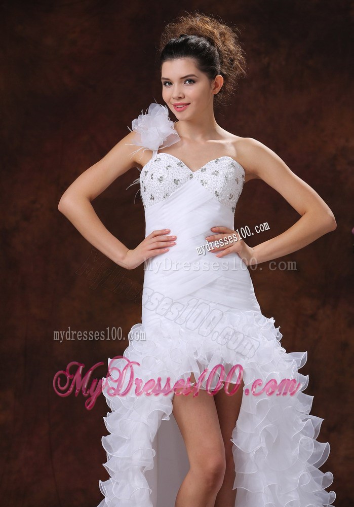 Beaded Feathers Handle Flowers One Shoulder High Low Bridal Gown
