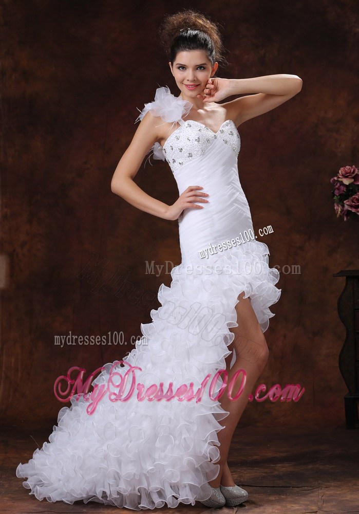 Beaded Feathers Handle Flowers One Shoulder High Low Bridal Gown