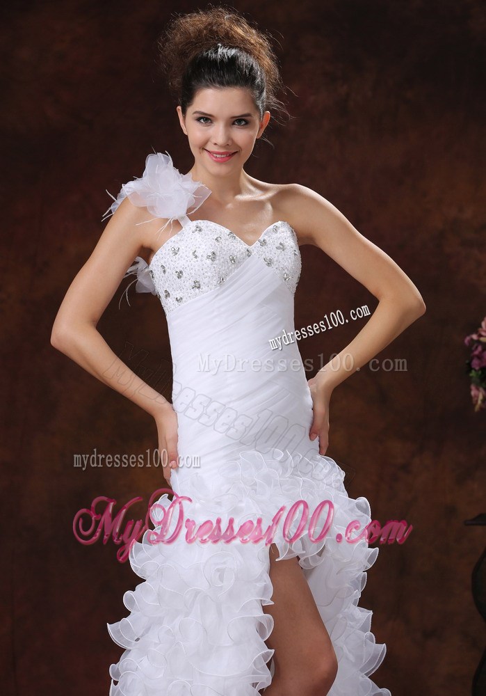 Beaded Feathers Handle Flowers One Shoulder High Low Bridal Gown