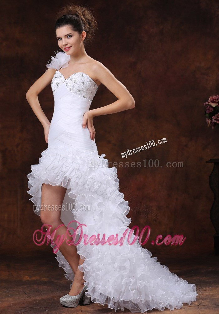 Beaded Feathers Handle Flowers One Shoulder High Low Bridal Gown