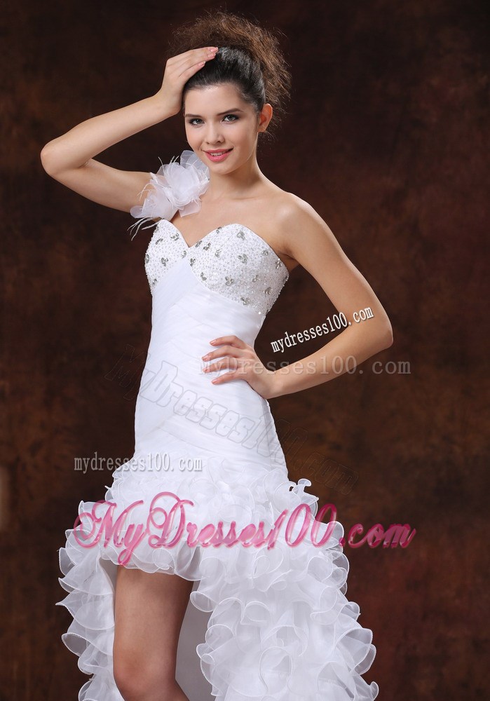 Beaded Feathers Handle Flowers One Shoulder High Low Bridal Gown