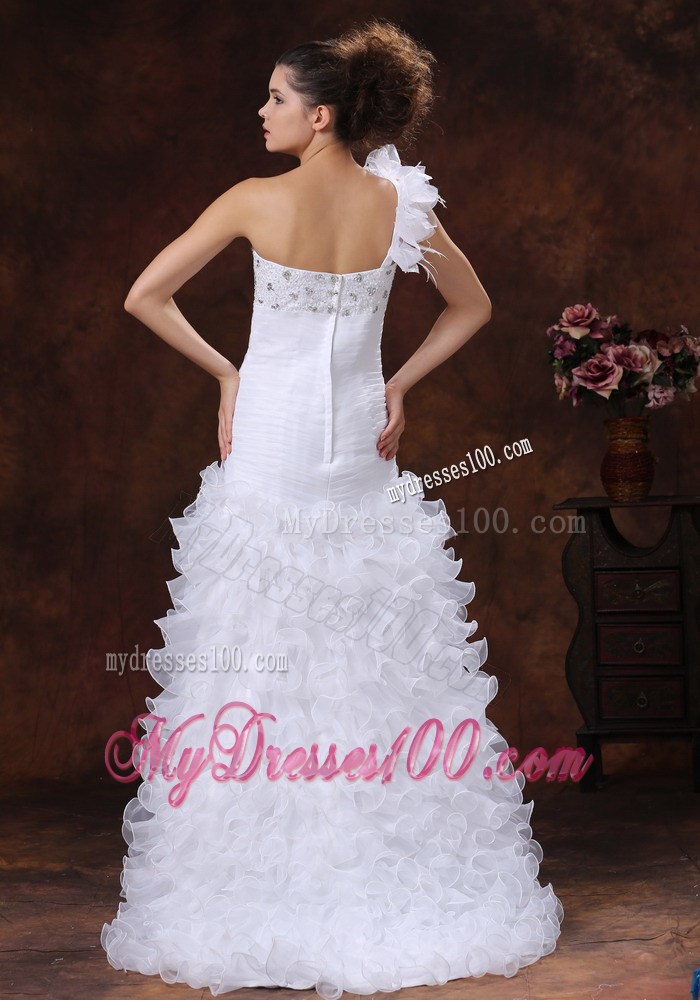 Beaded Feathers Handle Flowers One Shoulder High Low Bridal Gown