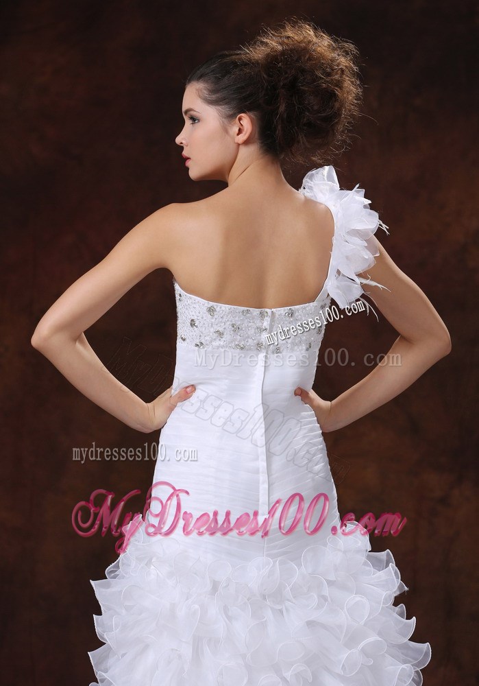 Beaded Feathers Handle Flowers One Shoulder High Low Bridal Gown