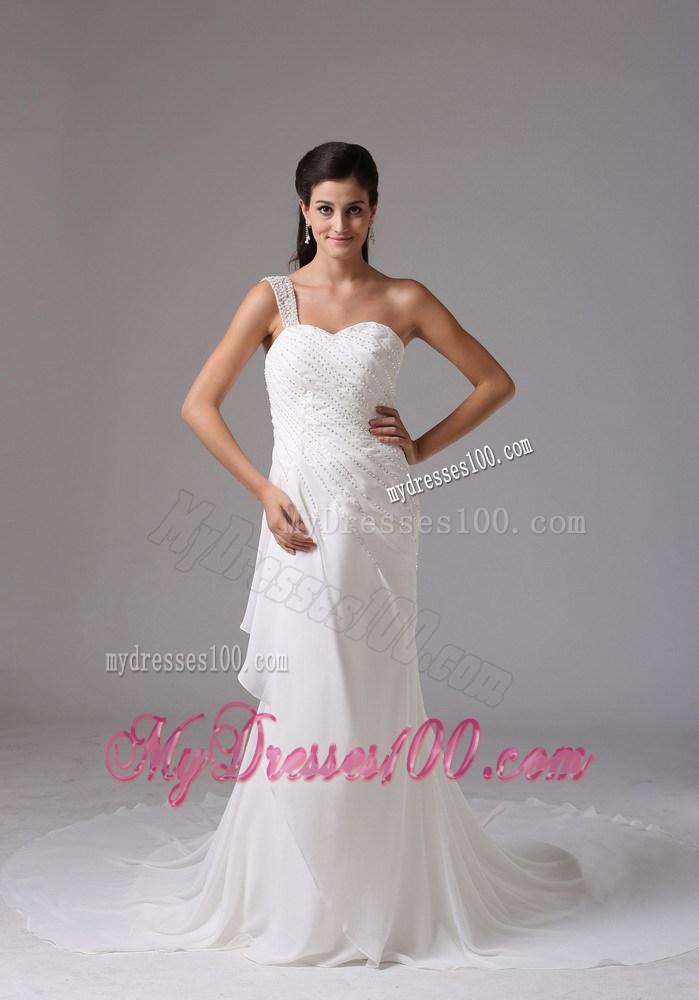 Jewelry Single Shoulder Ruching Chiffon Wedding Gowns with Court Train