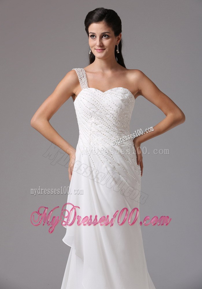 Jewelry Single Shoulder Ruching Chiffon Wedding Gowns with Court Train
