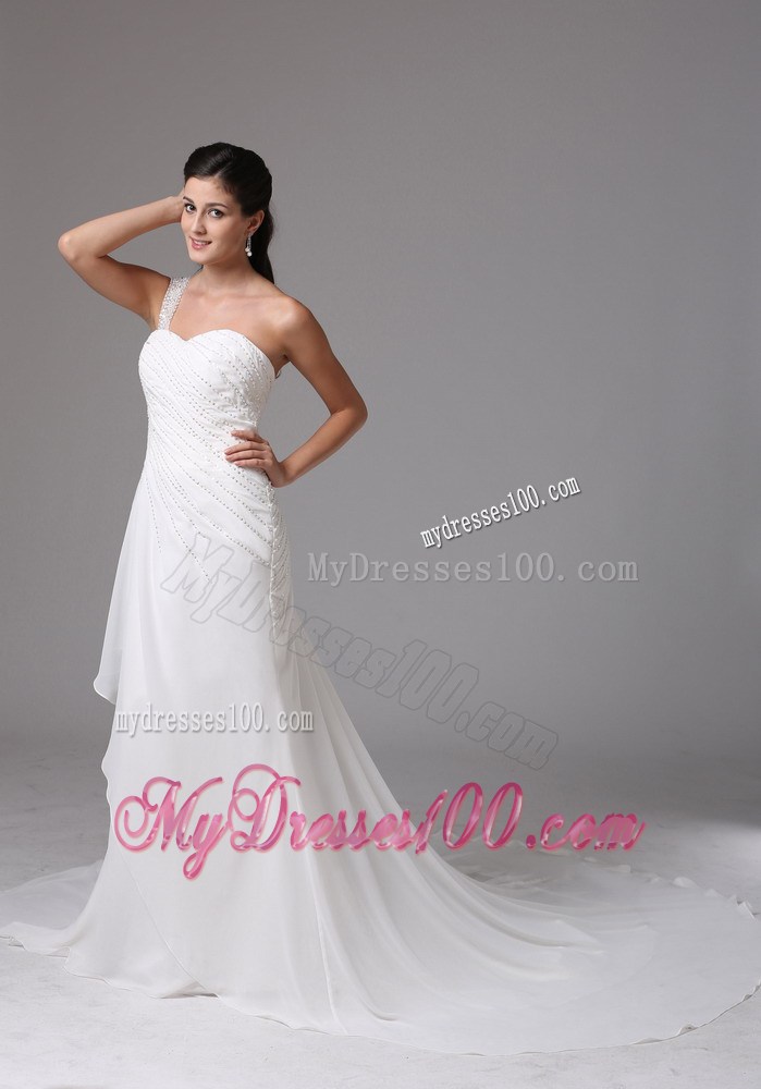 Jewelry Single Shoulder Ruching Chiffon Wedding Gowns with Court Train