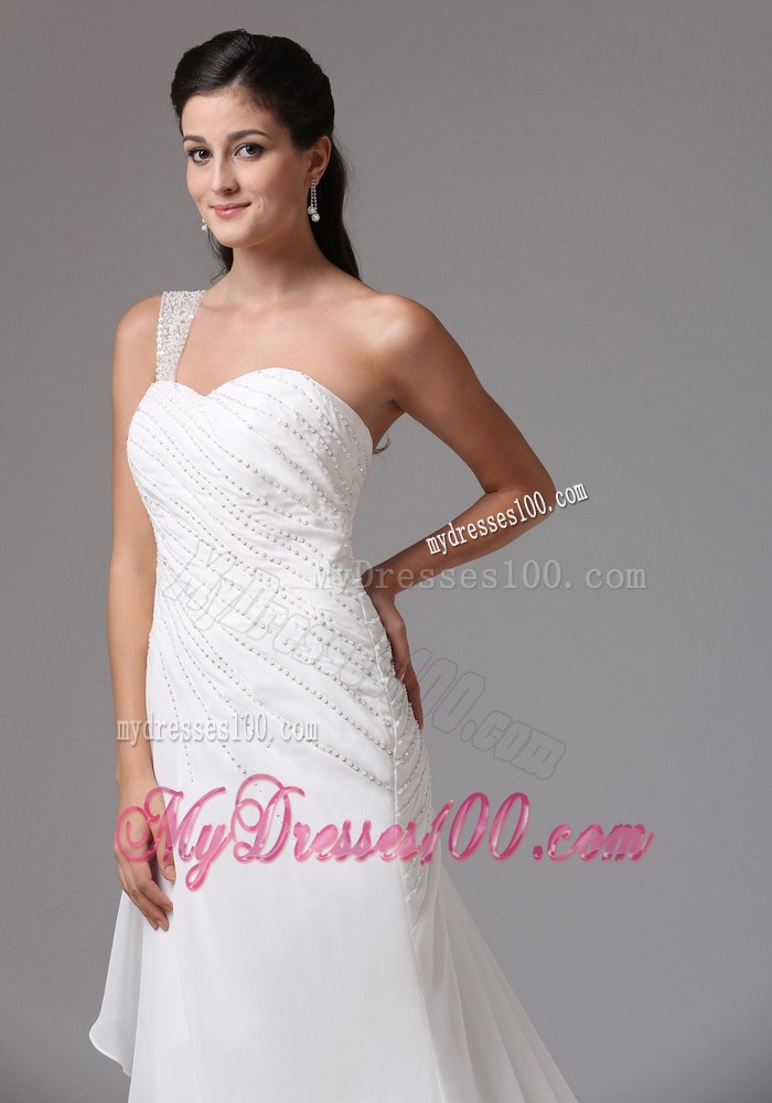 Jewelry Single Shoulder Ruching Chiffon Wedding Gowns with Court Train