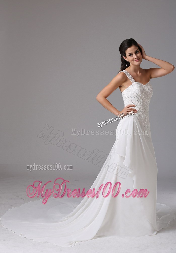 Jewelry Single Shoulder Ruching Chiffon Wedding Gowns with Court Train